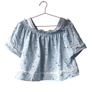 Women's Light Blue Floral Patterned Off The Sholder Crop Top Size M Blouse Lace